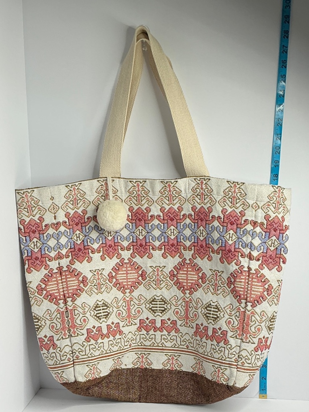 Cream Embroidered Canvas Tote with Coral and Blue Pattern